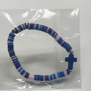 Blue and Pink Beaded Bracelet with Cross Charm